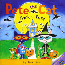 Pete the Cat goes trick-or treating with his Dad.