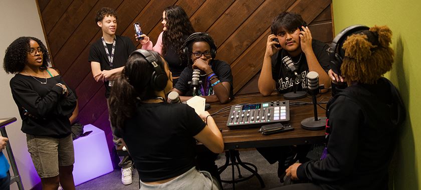  EHS students try out a podcasting studio