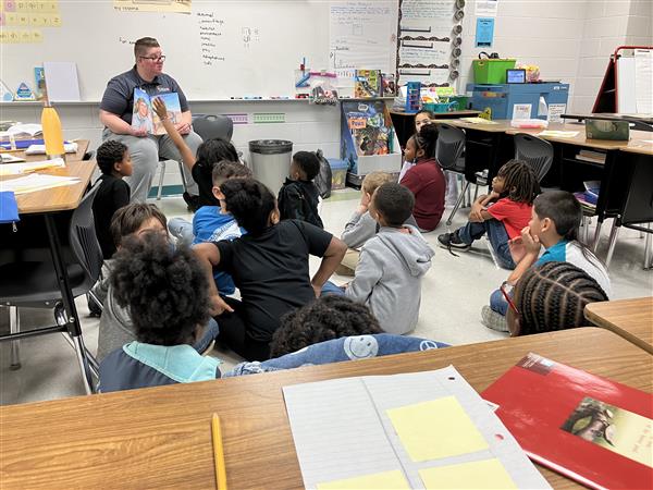 Guest reader, K. Bons, reading to class