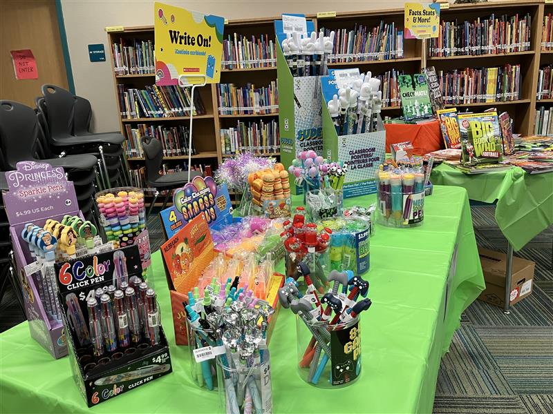 Displays from the 2023 Scholastic Book Fair at Haynes library