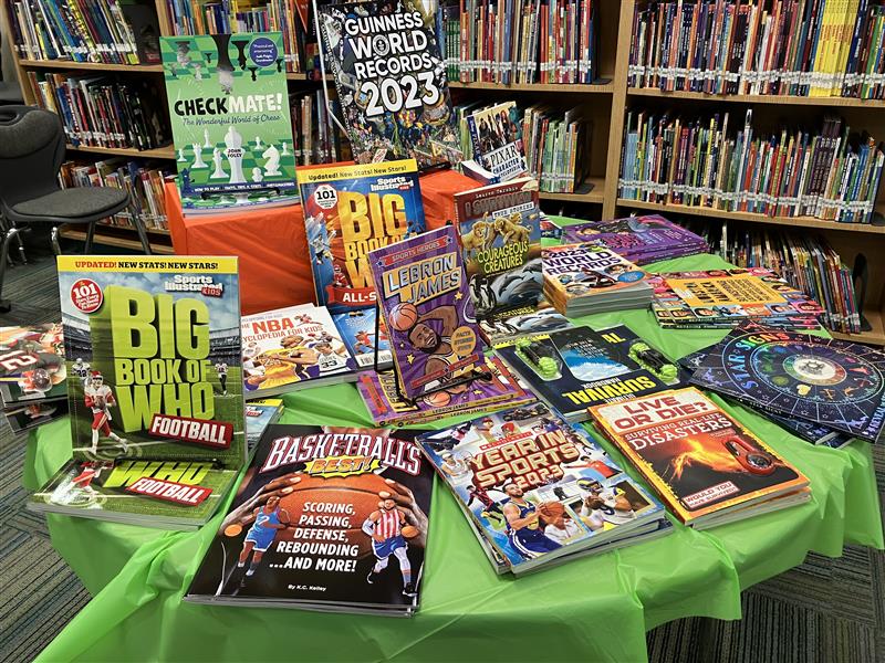 Displays from the 2023 Scholastic Book Fair at Haynes library