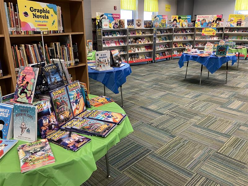 Displays from the 2023 Scholastic Book Fair at Haynes library