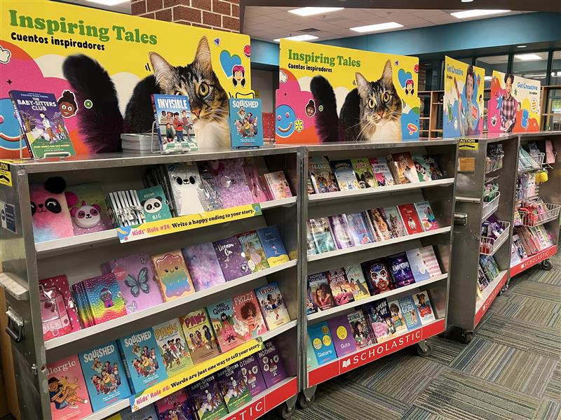 Displays from the 2023 Scholastic Book Fair at Haynes library