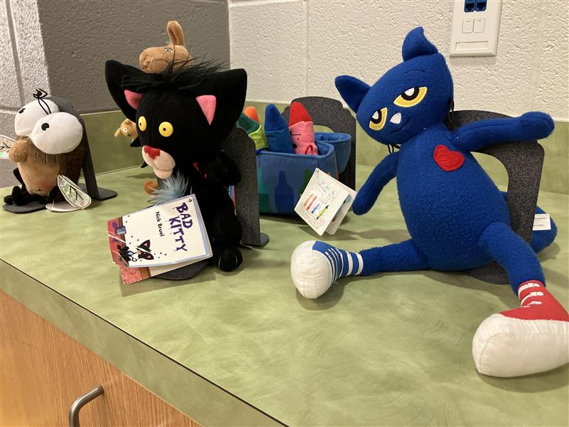 Stuffed animals that the library has including Pete the Cat